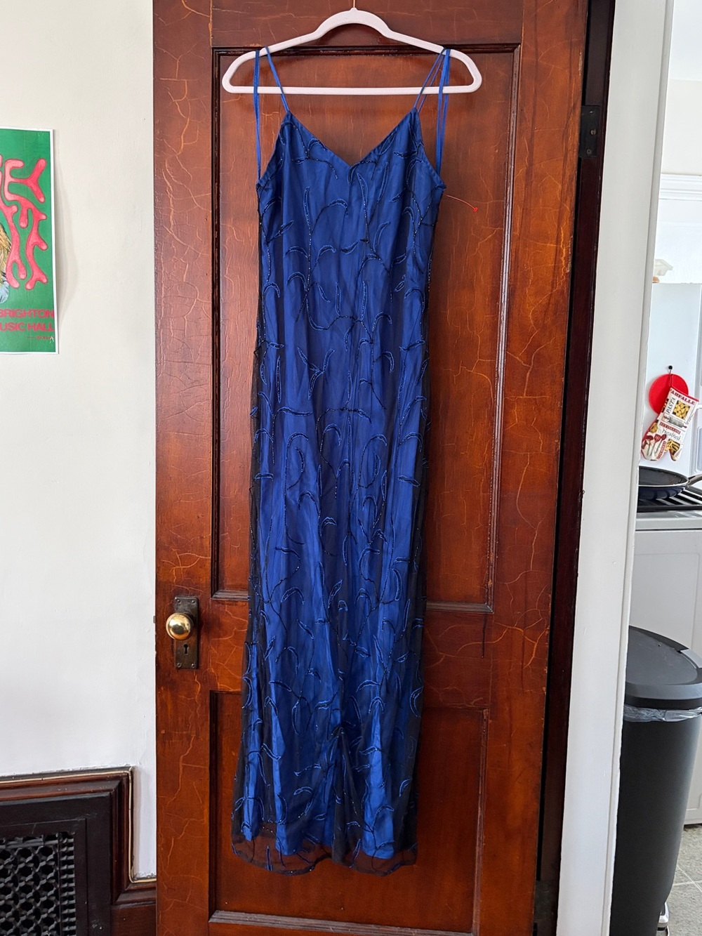 Vintage Blue Beaded Sheath Satin Floor Length Dress - Cassandra Stone